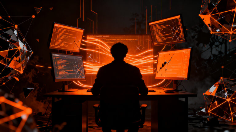 Ciberseguridad en IA: silueta de un hacker frente a una terminal digital representando el robo de sesiones de Claude.