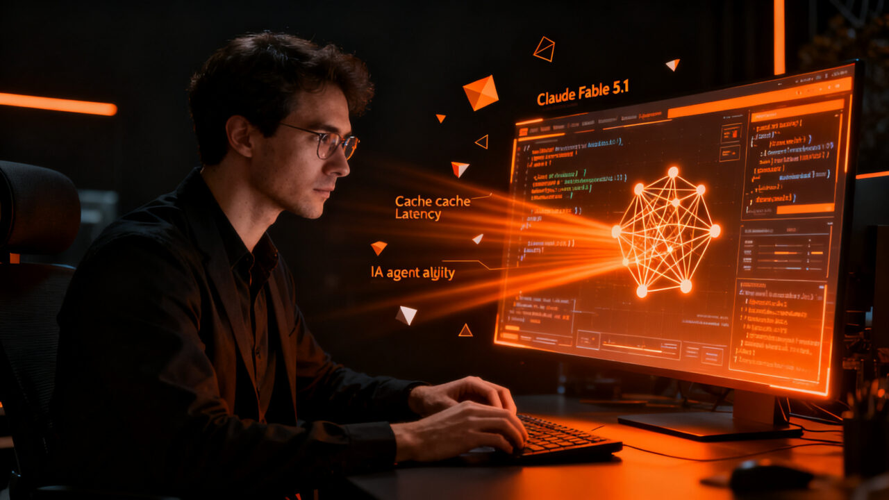 Desarrollador trabajando con modelos de IA Anthropic Claude Fable 5.1, optimización de costes y agentes inteligentes.