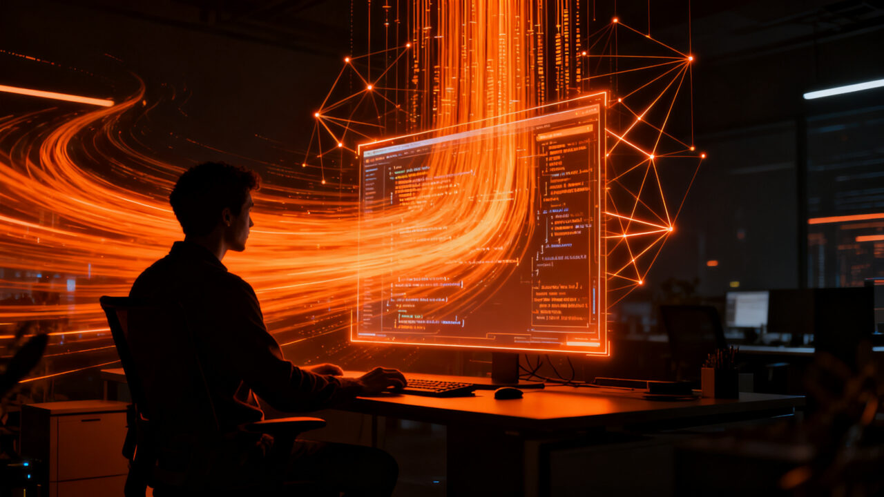 Desarrollador trabajando con agentes de IA para optimizar software y acelerar el rendimiento tecnológico.