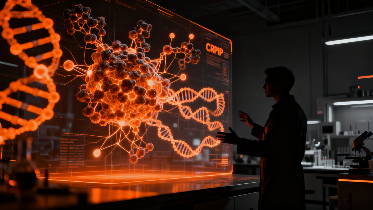 Investigador analizando estructuras de ADN y enzimas mediante inteligencia artificial de Anthropic Claude en laboratorio biotecnológico.