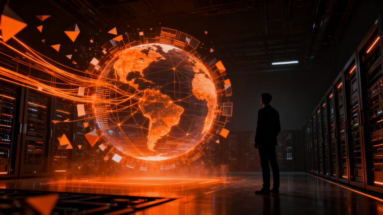 Silueta de ejecutivo analizando datos complejos de IA en un entorno tecnológico, simbolizando el fin de una negociación de M&A entre startups.
