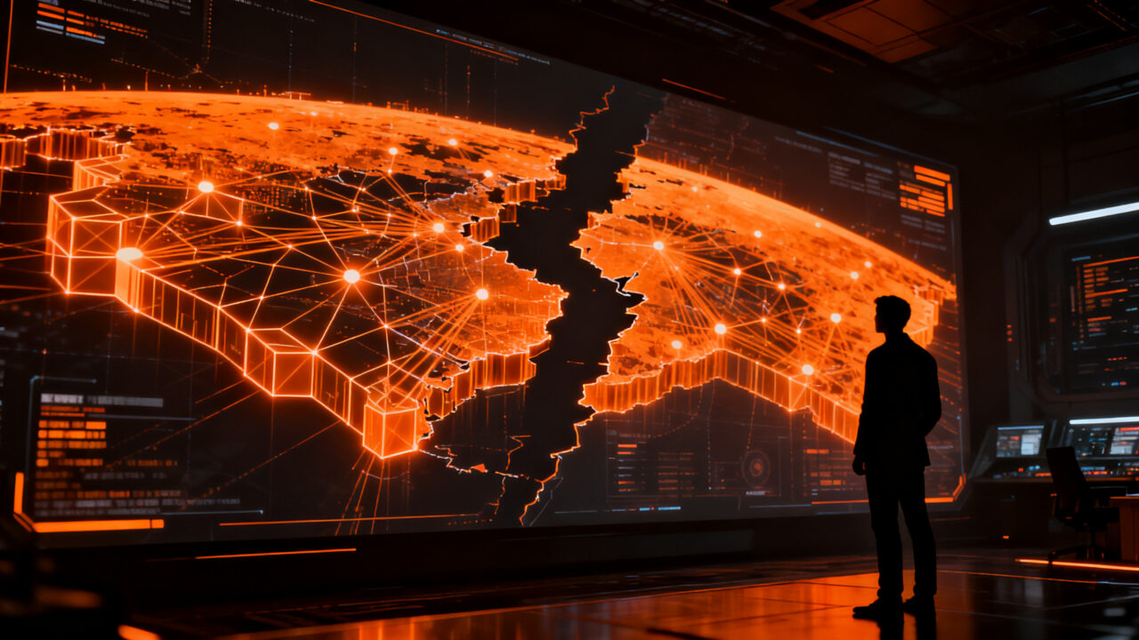 Tensión geopolítica entre Anthropic y la IA china, simbolizada por una figura estratégica en un entorno de ciberseguridad.