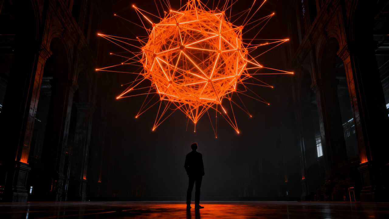 Silueta de un ejecutivo frente a una inmensa red de superinteligencia artificial, representando el riesgo existencial y la salida a bolsa de Anthropic.