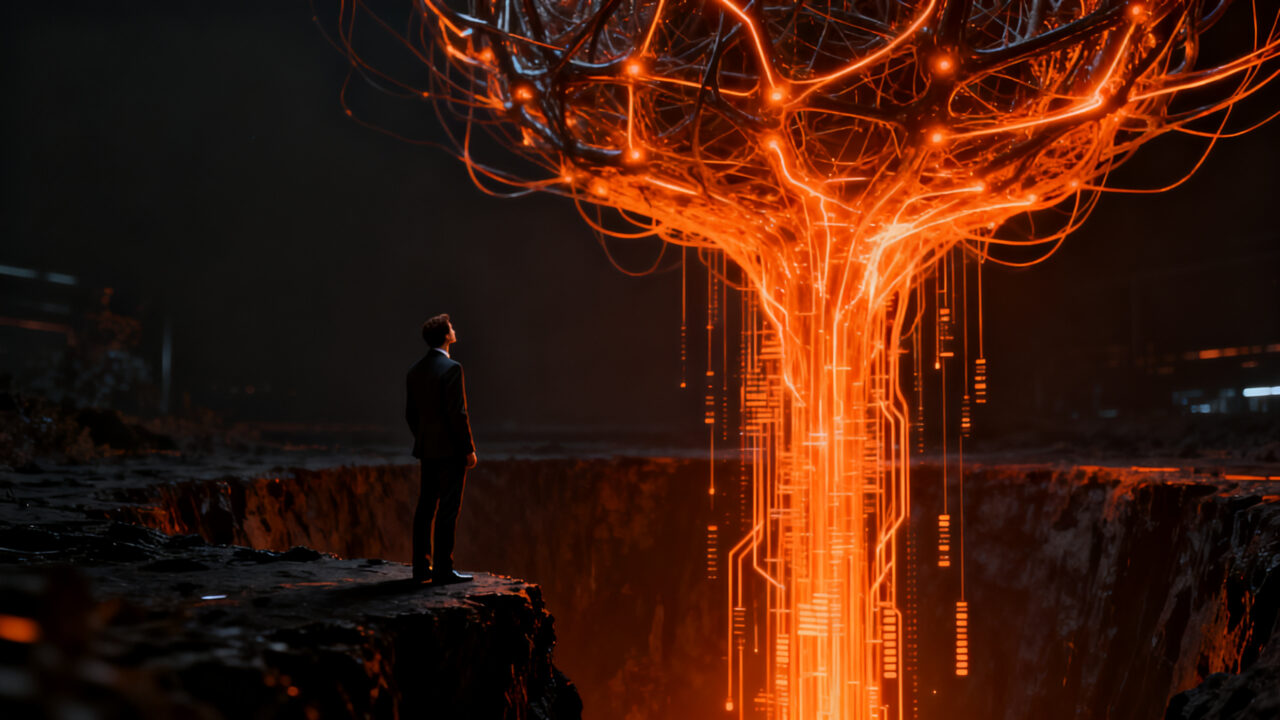 Silueta de emprendedor frente a una red neuronal gigante, representando los riesgos existenciales y la valoración histórica de la IPO de Anthropic.