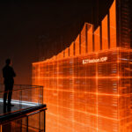 Emprendedor observando una compleja red financiera digital y la bolsa Nasdaq, representando la OPV de Anthropic y el futuro de las startups de IA.