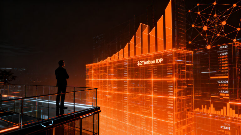 Emprendedor observando una compleja red financiera digital y la bolsa Nasdaq, representando la OPV de Anthropic y el futuro de las startups de IA.