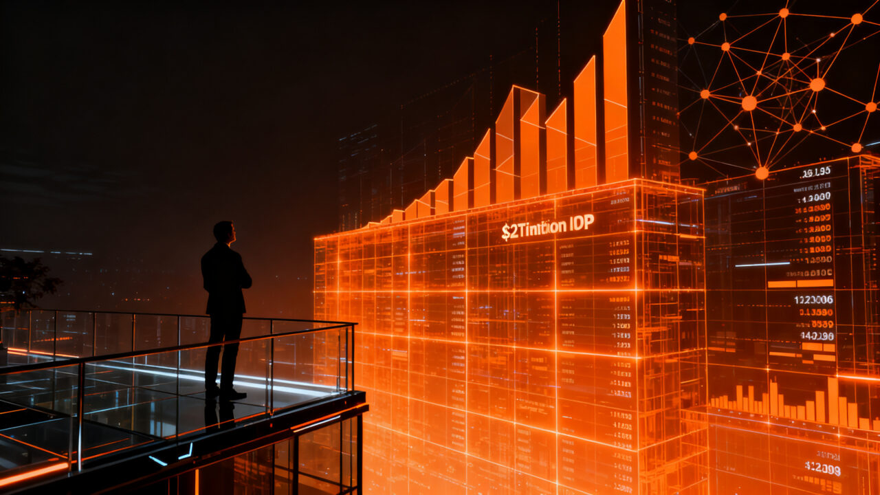 Emprendedor observando una compleja red financiera digital y la bolsa Nasdaq, representando la OPV de Anthropic y el futuro de las startups de IA.