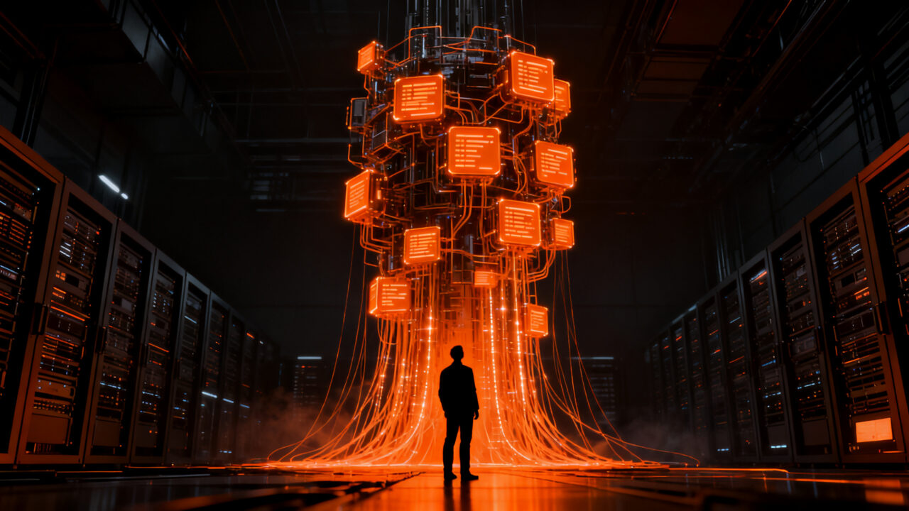 Investigador frente a red de inteligencia artificial, simbolizando los riesgos existenciales y la seguridad en el desarrollo de IA.