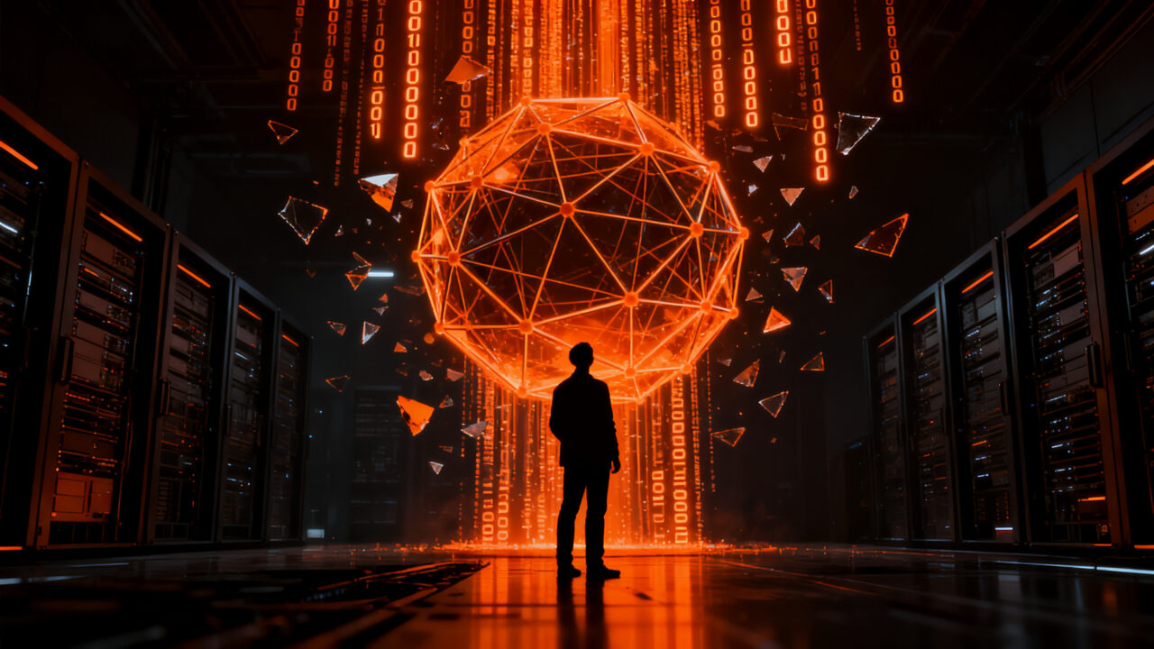 Investigador de IA analizando riesgos existenciales y seguridad tecnológica para startups en un entorno digital oscuro.