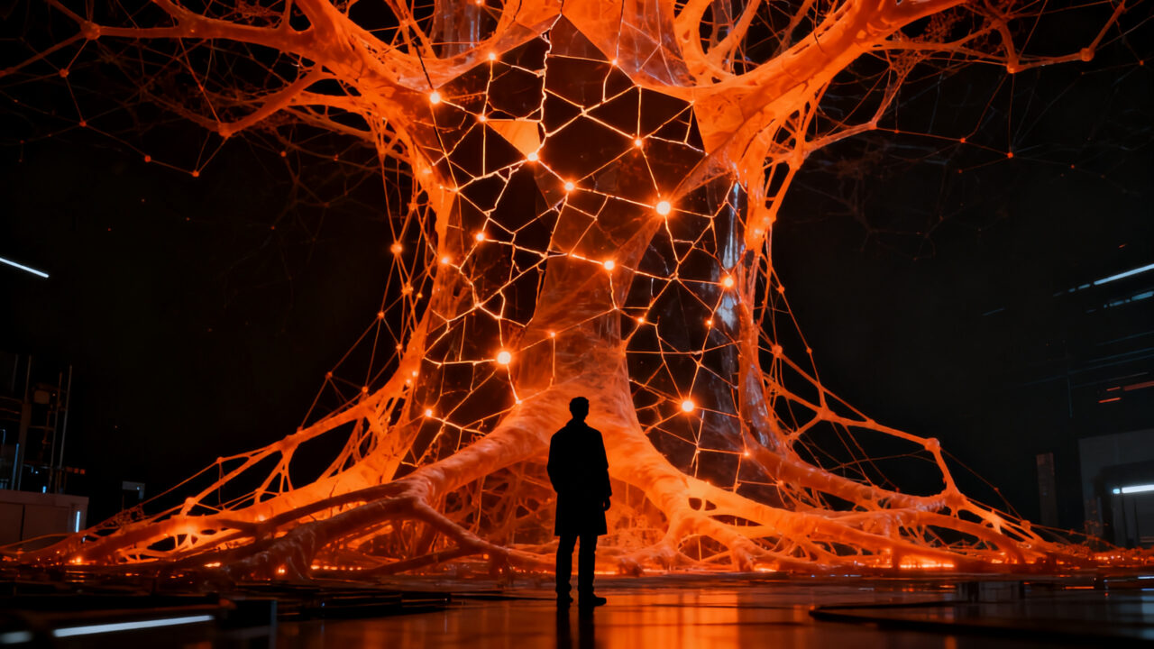 Investigadores ante una estructura de red neuronal compleja, representando los riesgos de la superinteligencia y la seguridad en IA.