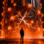 Silueta de un ejecutivo frente a una red neuronal masiva, representando los riesgos existenciales y la escala de la infraestructura en la OPI de Anthropic.