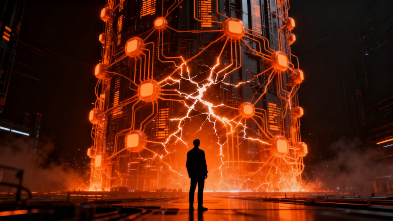 Silueta de un ejecutivo frente a una red neuronal masiva, representando los riesgos existenciales y la escala de la infraestructura en la OPI de Anthropic.