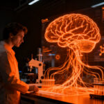 Investigador trabajando en un avanzado laboratorio de biología con IA, representando la integración de Anthropic en ciencias de la vida.
