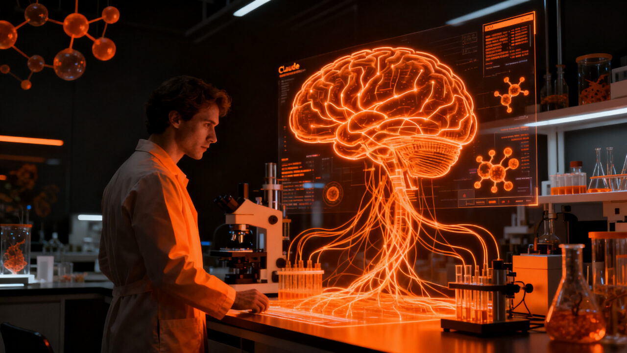 Investigador trabajando en un avanzado laboratorio de biología con IA, representando la integración de Anthropic en ciencias de la vida.