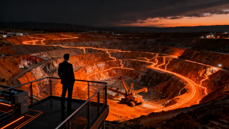 CEO de minería observando operaciones de extracción de cobre a gran escala, simbolizando inversión y crecimiento en el sector.