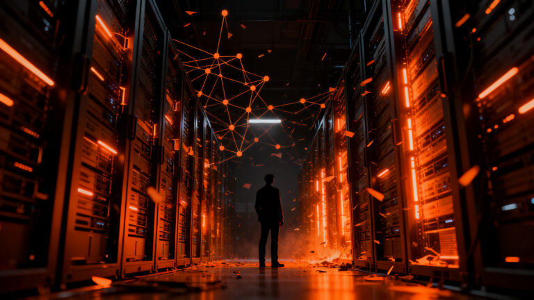 Representación visual de un apagón en la infraestructura de inteligencia artificial, mostrando siluetas de servidores y redes de datos fallando en un entorno tecnológico.