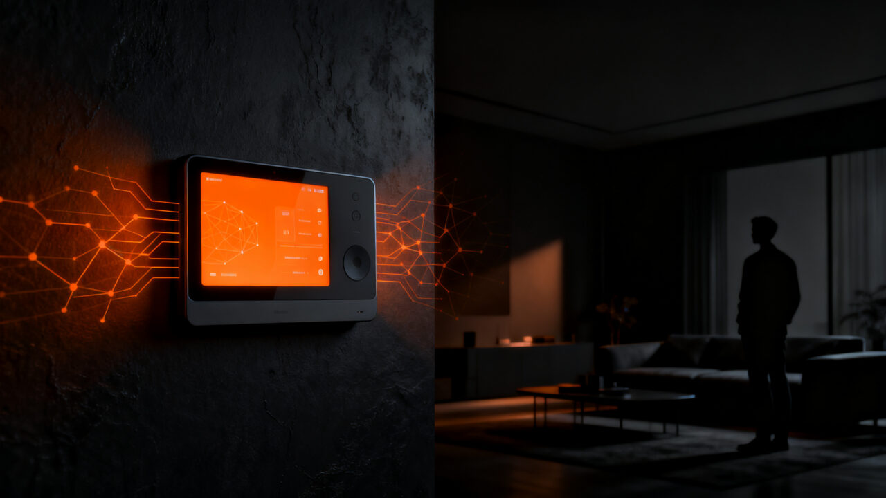 Apple Home Hub con Siri AI y reconocimiento facial, concepto de hogar inteligente inteligente y tecnología domótica futura.