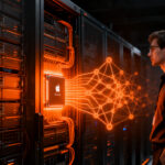 Ingeniero trabajando en servidores de inteligencia artificial con tecnología de Apple y Nvidia, representando la infraestructura de servidores IA del futuro.