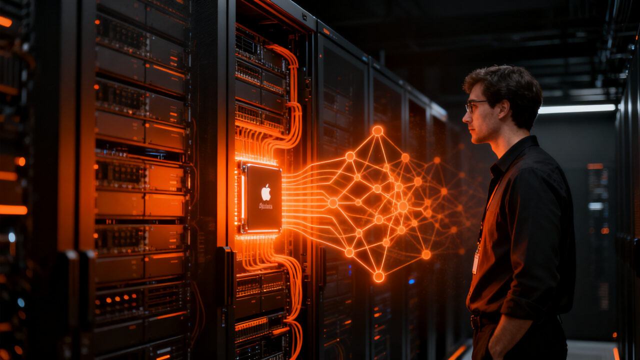 Ingeniero trabajando en servidores de inteligencia artificial con tecnología de Apple y Nvidia, representando la infraestructura de servidores IA del futuro.