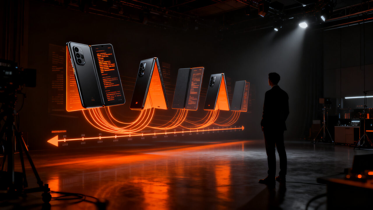 Silueta de estratega observando la evolución de los dispositivos plegables y el impacto de Apple en el mercado tecnológico.