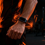 Persona atlética utilizando una pulsera fitness minimalista, representando el futuro de los wearables de Apple sin pantalla.