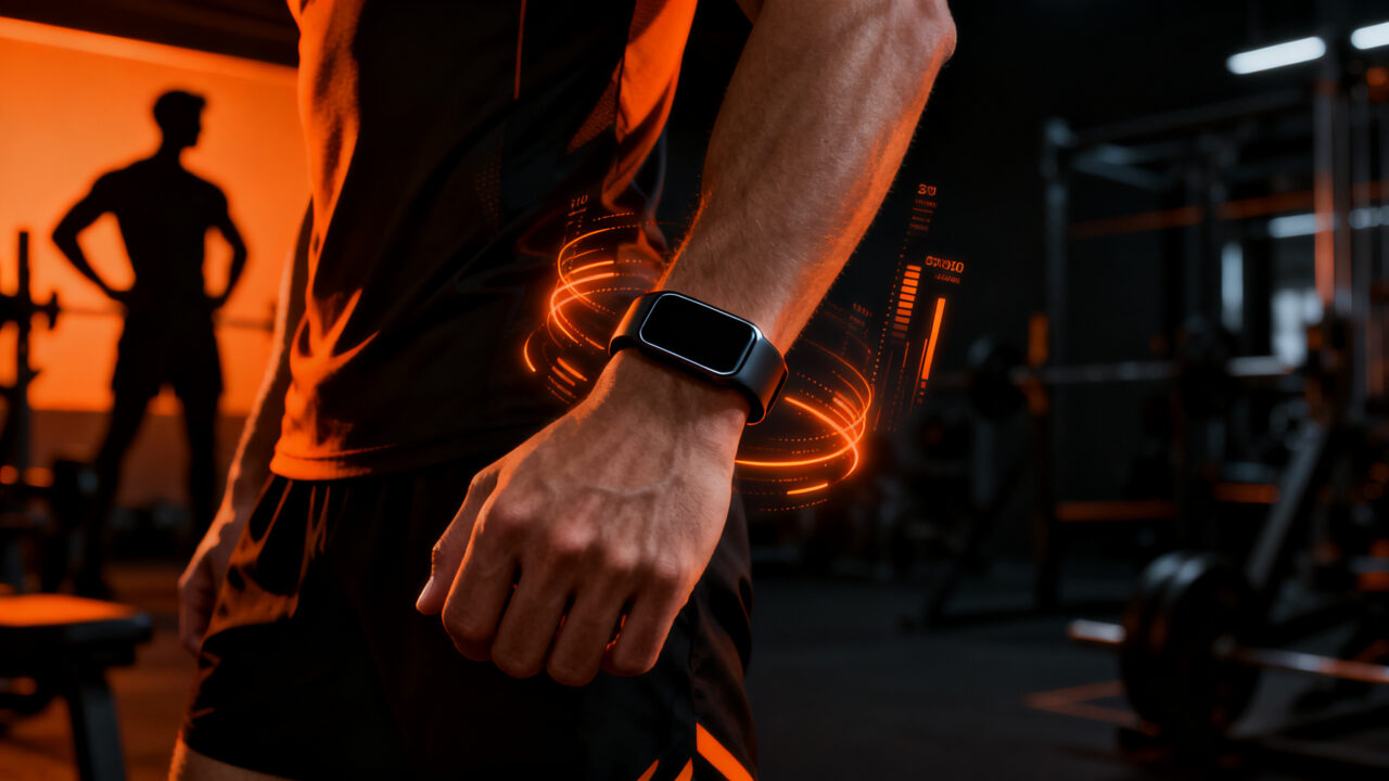Persona atlética utilizando una pulsera fitness minimalista, representando el futuro de los wearables de Apple sin pantalla.