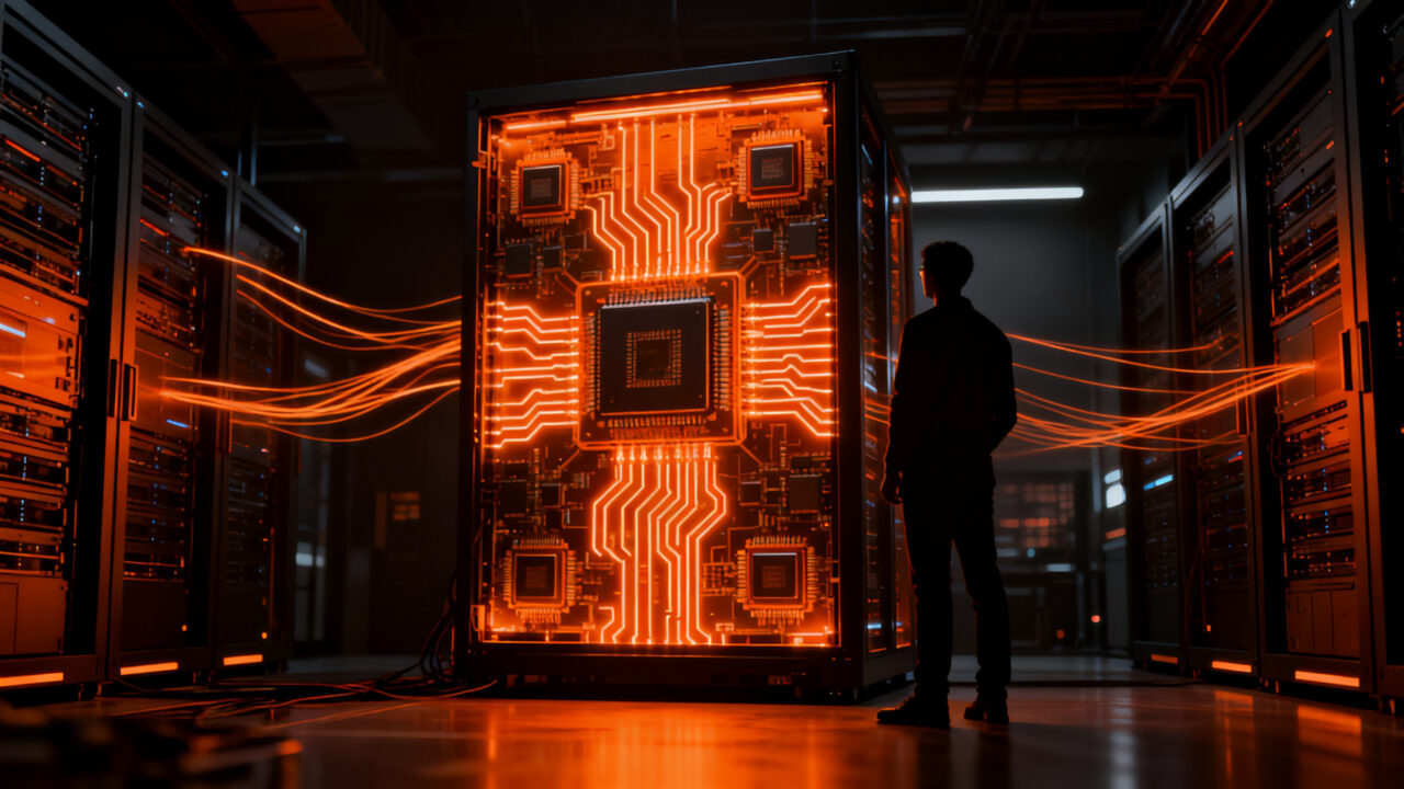 Servidor de IA de Apple con chips M8 Ultra, representando el futuro de la infraestructura tecnológica y el procesamiento de datos.