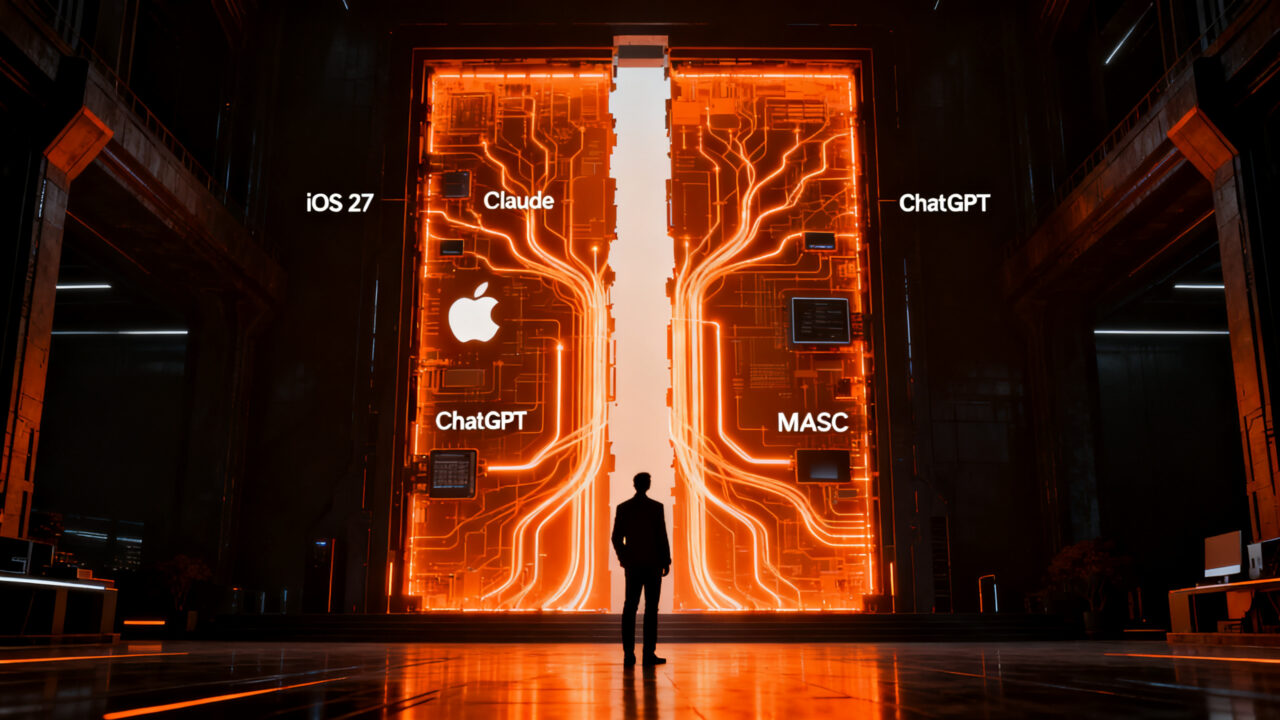 Concepto de interoperabilidad de Apple con Siri AI, Claude y ChatGPT en iOS 27 y macOS Golden Gate.