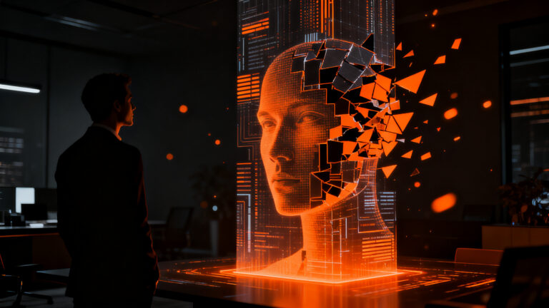 Un ejecutivo frente a una interfaz de IA fallida, representando las lecciones legales y de marketing sobre promesas de inteligencia artificial en startups.