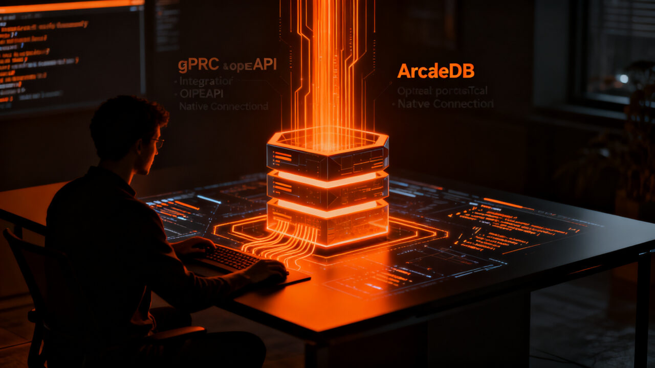 Desarrollador integrando ArcadeDB mediante drivers nativos de Python y TypeScript, optimizando el stack tecnológico con gRPC.