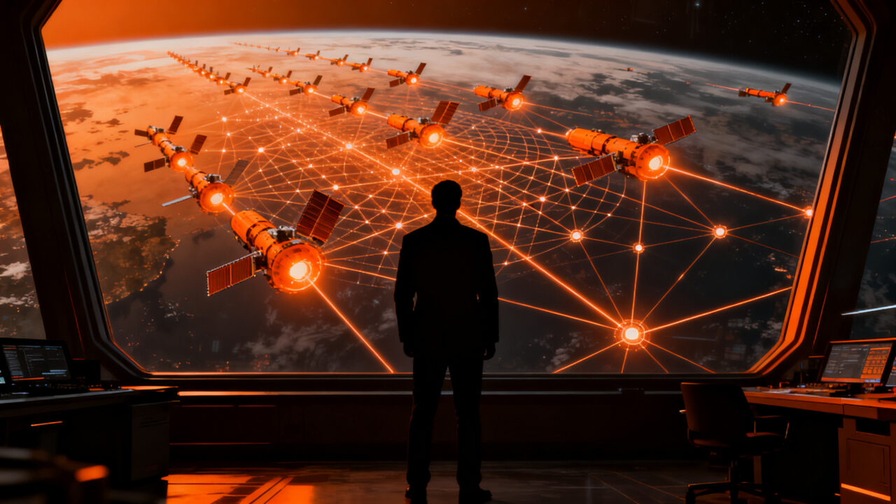 Silueta de ejecutivo observando una red satelital de defensa en órbita, representando el impacto de la militarización espacial en startups tech.