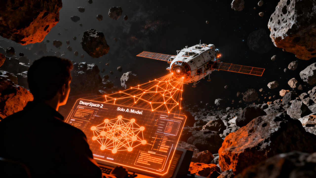 IA autónoma controlando la nave espacial DeepSpace-2 de AstroForge en el espacio profundo para minería de asteroides.