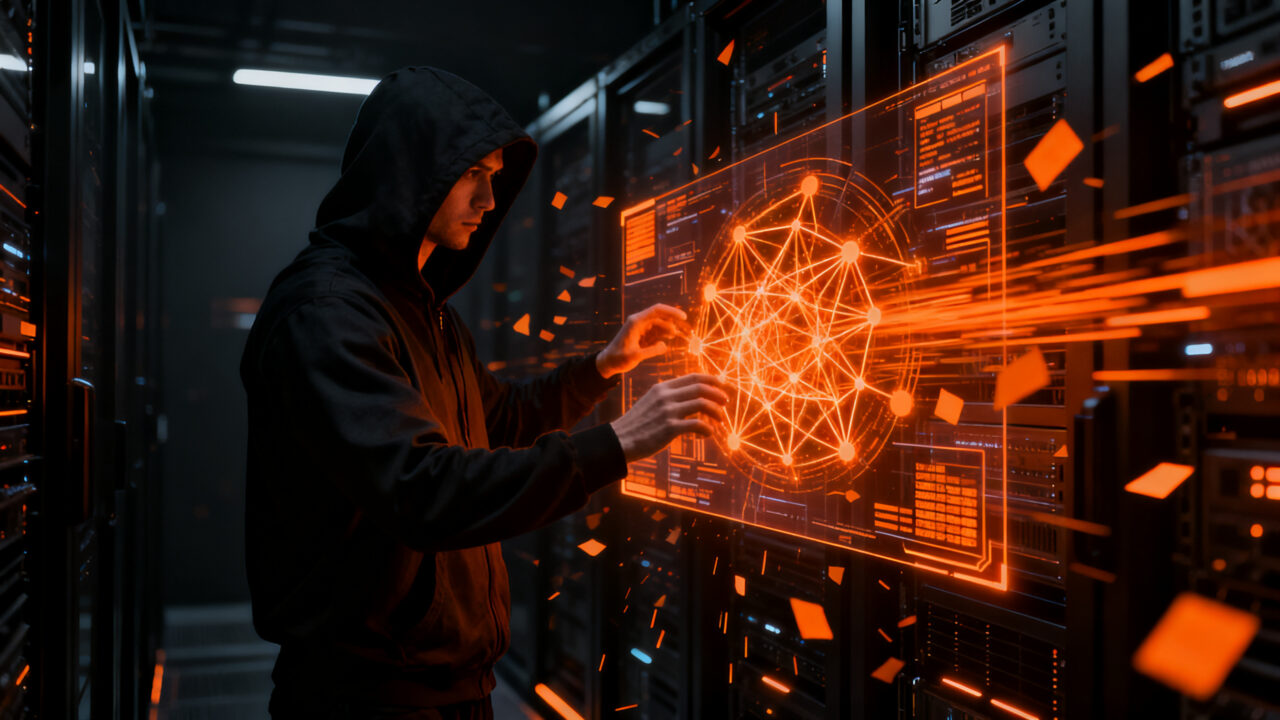 Ciberseguridad y ataques autónomos con agentes de IA robando datos financieros en empresas.