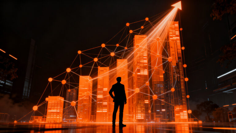 CEO de Atlassian frente a una estructura de datos impulsada por IA, representando el crecimiento del SaaS.
