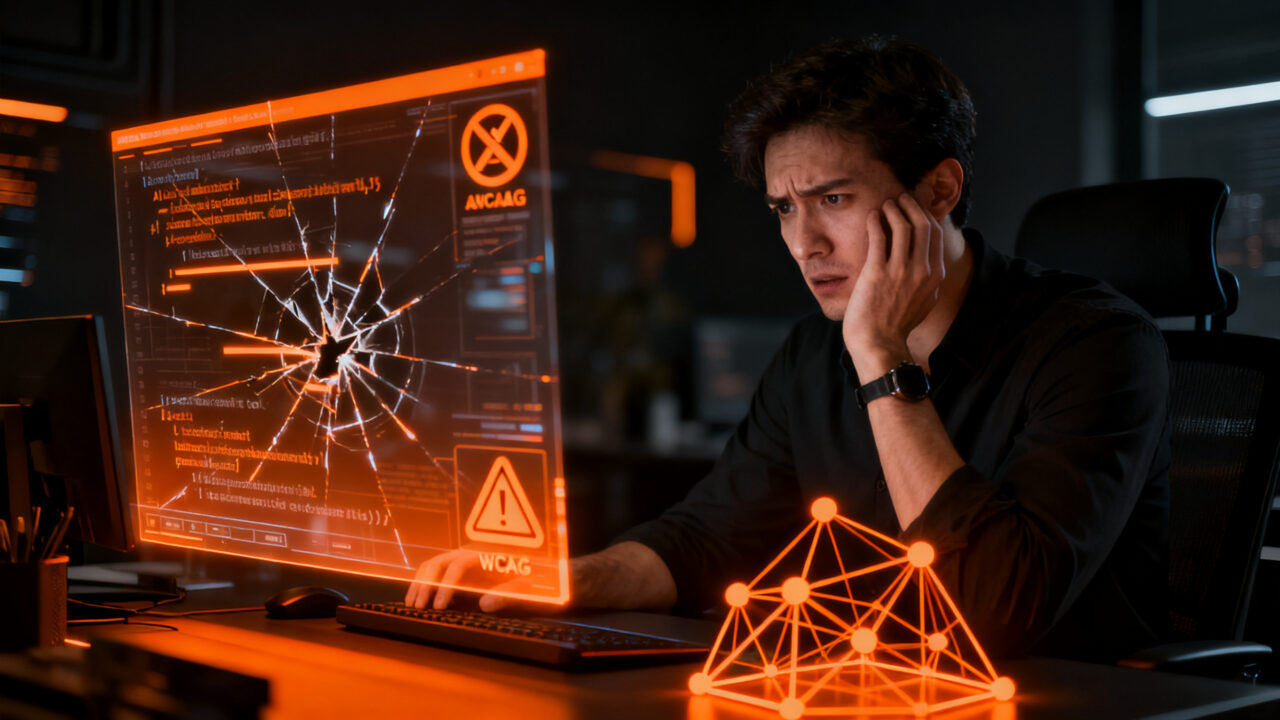 Profesional de tecnología analizando código de IA fallido con errores de accesibilidad web WCAG en un entorno de trabajo oscuro y elegante.