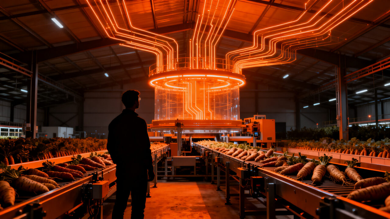 Tecnología de automatización agrícola para el almacenamiento inteligente de patatas y cebollas en almacenes industriales.