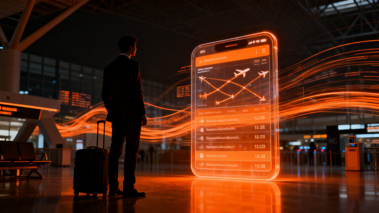 Usuario utilizando app de United Airlines para gestionar listas de espera en aerolíneas mediante automatización móvil.