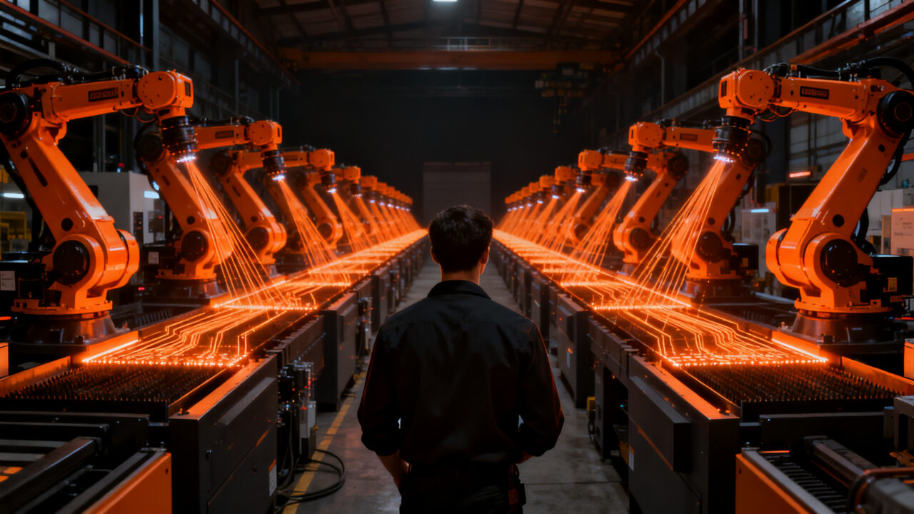 Automatización industrial en una Smart Factory, mostrando la transición hacia la producción autónoma mediante sistemas láser avanzados.