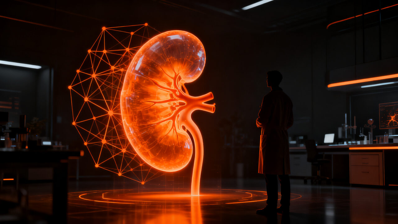 Avance en biotecnología con xenotrasplante de riñón editado con CRISPR, representando el futuro de la medicina y los trasplantes.