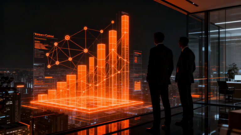 Dos inversores analizando el crecimiento de startups de IA B2B con BAG Ventures, representando el cierre de fondo de capital y éxito empresarial.