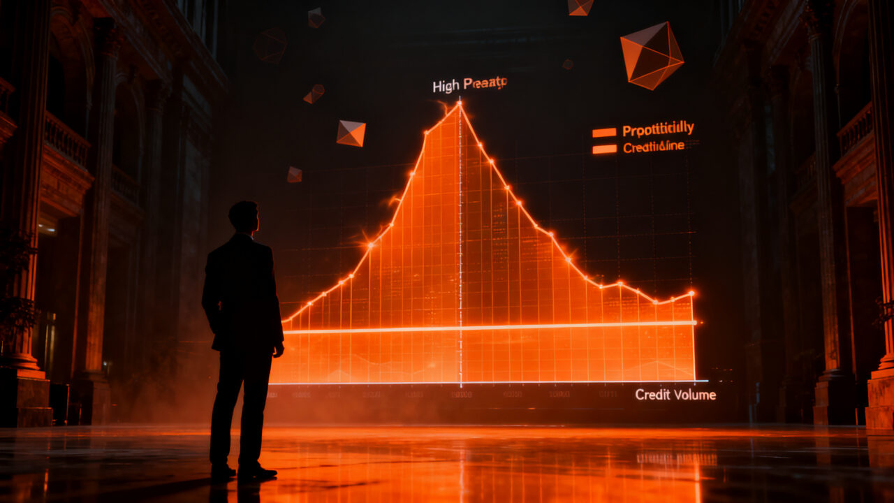 Representación visual de la banca colombiana con rentabilidad alta y estancamiento crediticio, simbolizando el desafío de las tasas de interés y el mercado financiero.