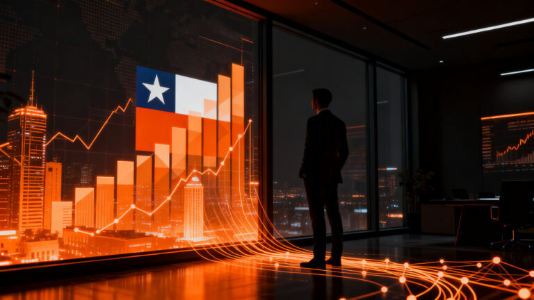 Ejecutivo financiero observando gráficos de mercado de capitales en Chile, representando el impulso positivo de la reforma.