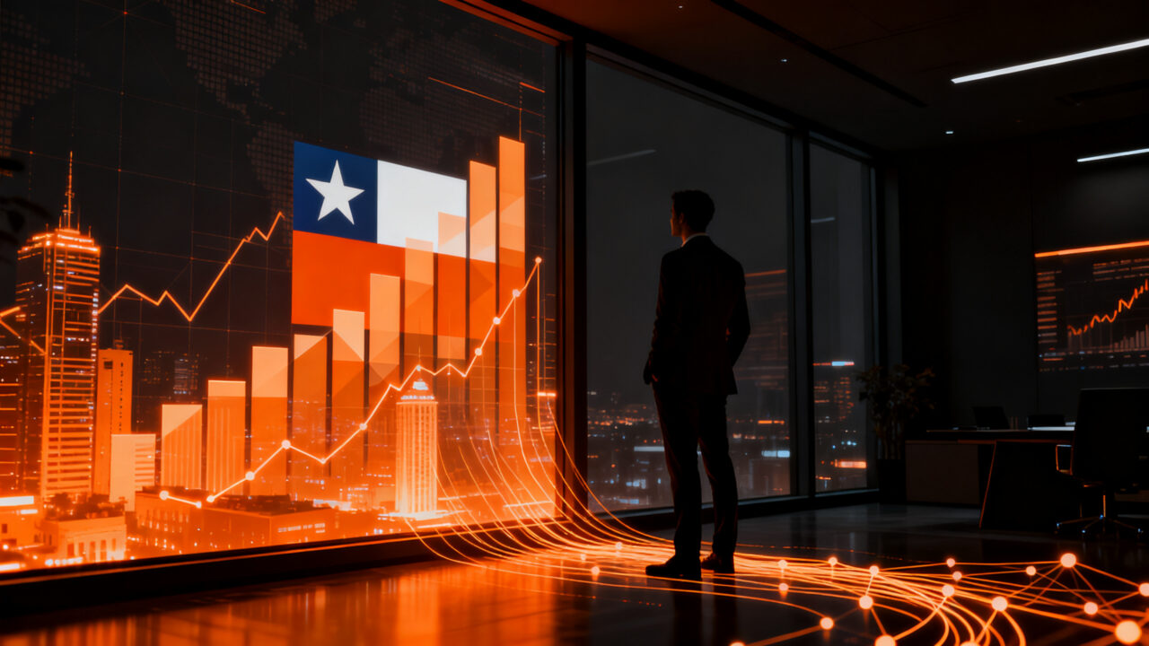 Ejecutivo financiero observando gráficos de mercado de capitales en Chile, representando el impulso positivo de la reforma.