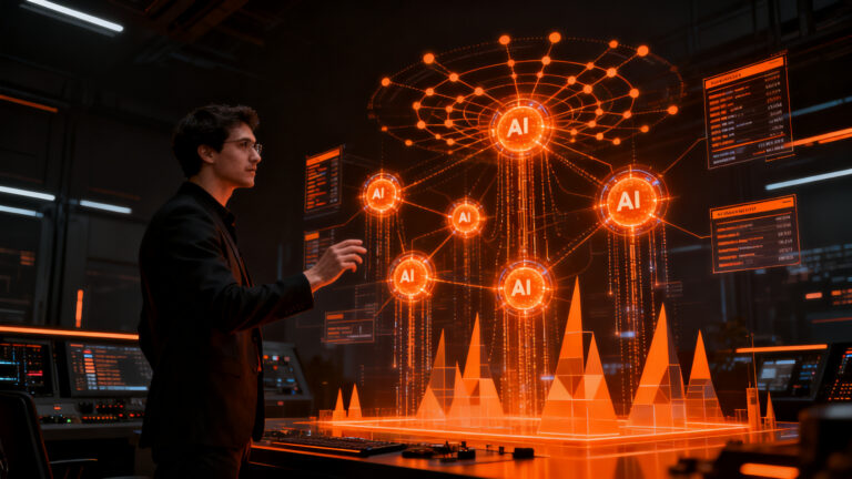 Líder de negocios configurando agentes de IA en una plataforma digital avanzada, representando la transformación digital con Base 2.0.