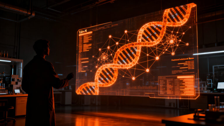 Investigador biotecnológico analizando secuencias genéticas digitales con IA para combatir superbacterias.