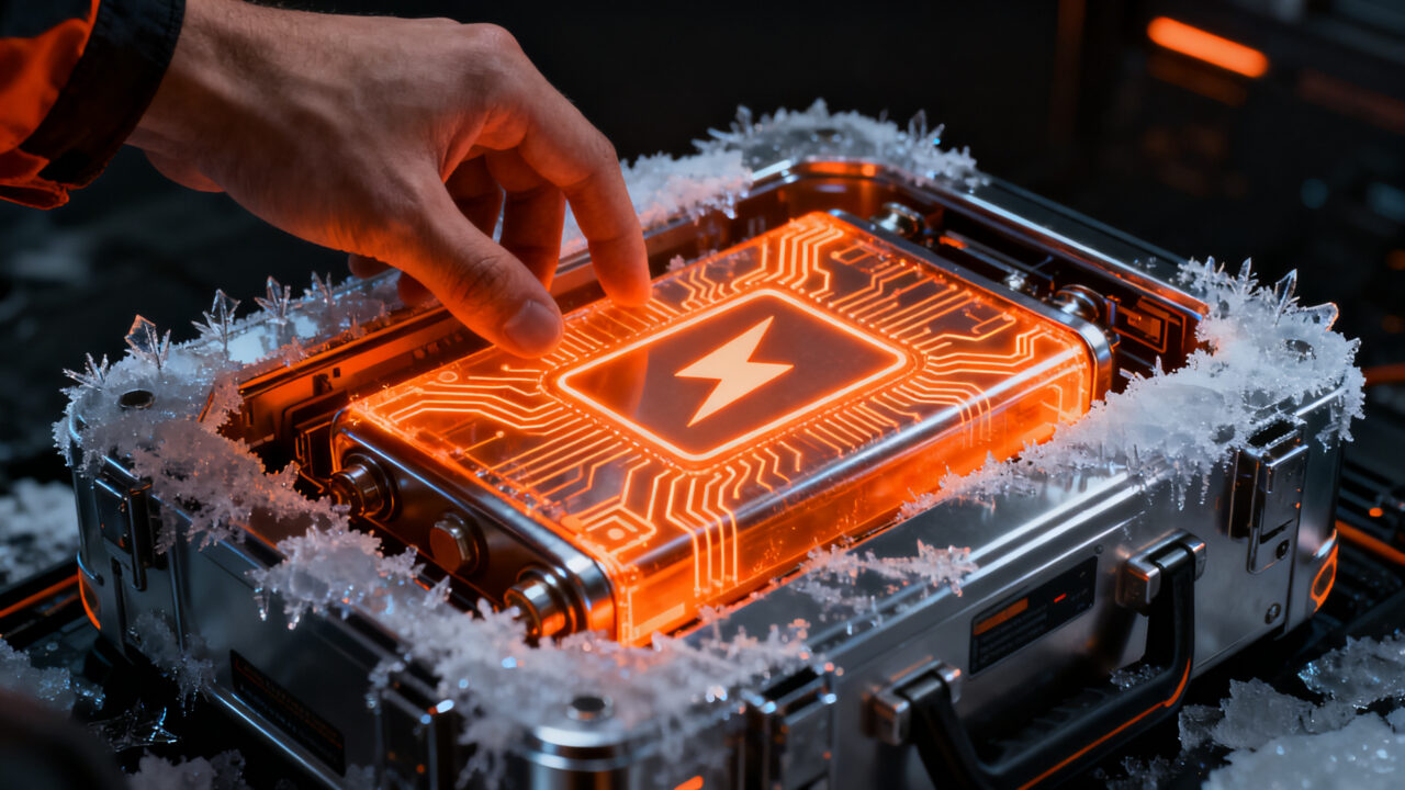 Batería de litio de alta densidad operando en condiciones de frío extremo, representando la innovación tecnológica en vehículos eléctricos.