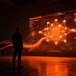 Un experto en tecnología analizando flujos de datos en un hub de IA del BBVA en Bilbao, simbolizando la transformación digital y el talento tecnológico.
