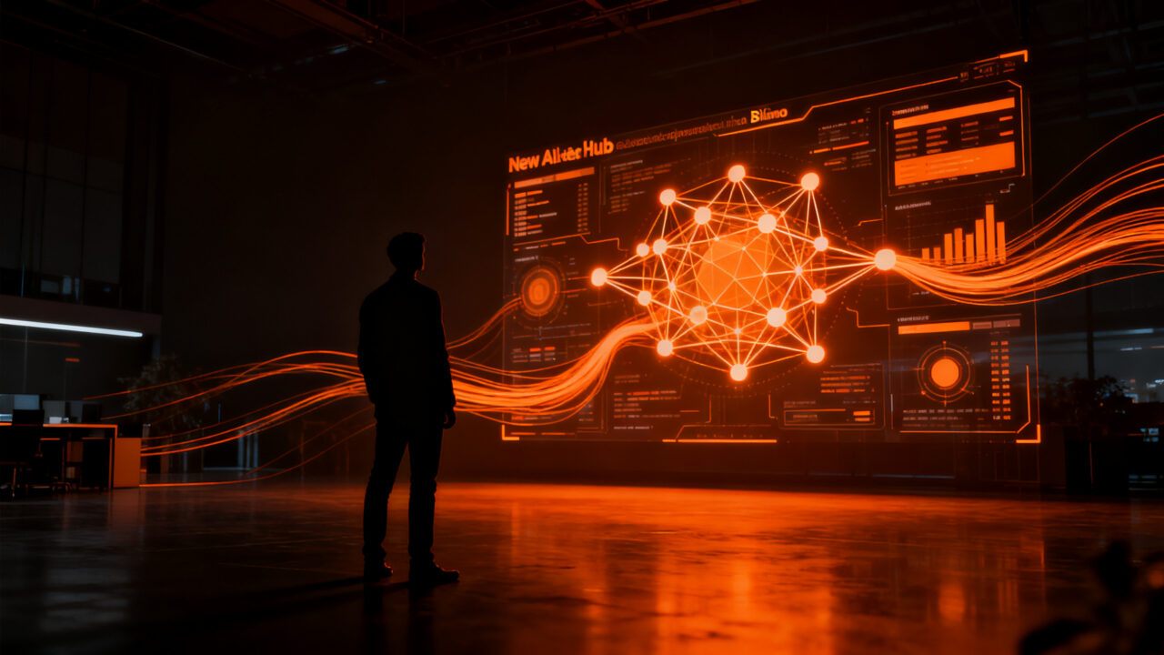 Un experto en tecnología analizando flujos de datos en un hub de IA del BBVA en Bilbao, simbolizando la transformación digital y el talento tecnológico.