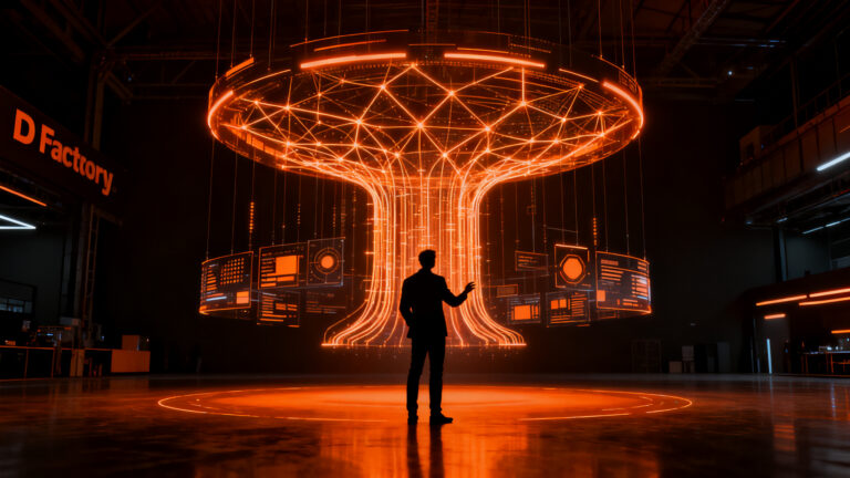 Un profesional analiza redes de inteligencia artificial en DFactory Barcelona, representando la integración de IA en el ecosistema empresarial del BNEW 2026.
