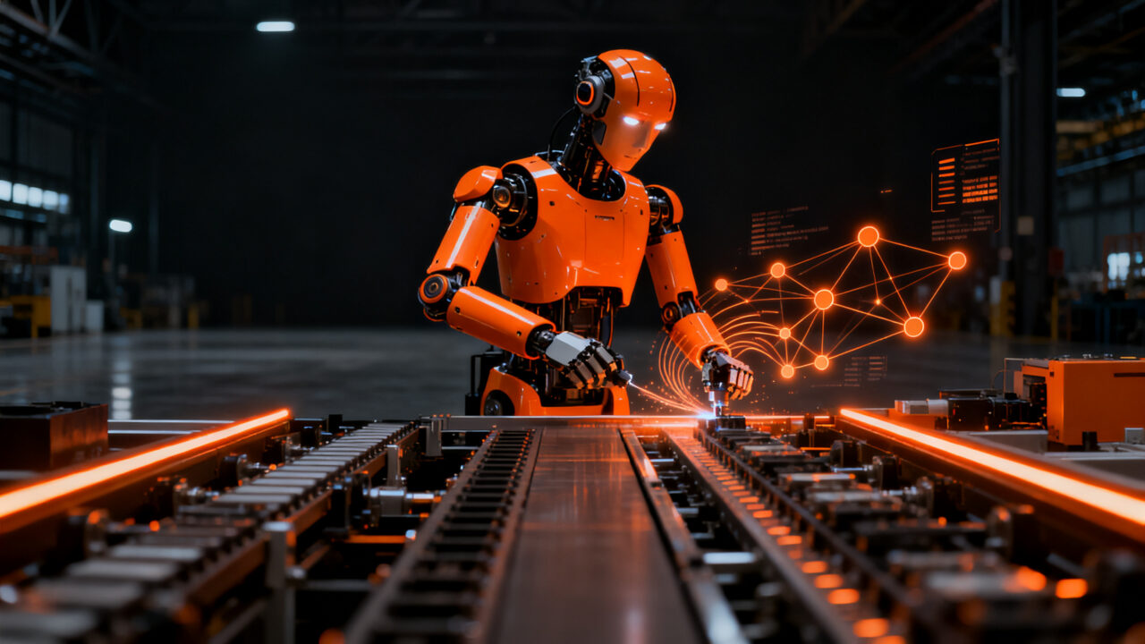 Robot humanoide de IA física trabajando en entorno industrial, representando la financiación de Bear Robotics para su salida a bolsa.